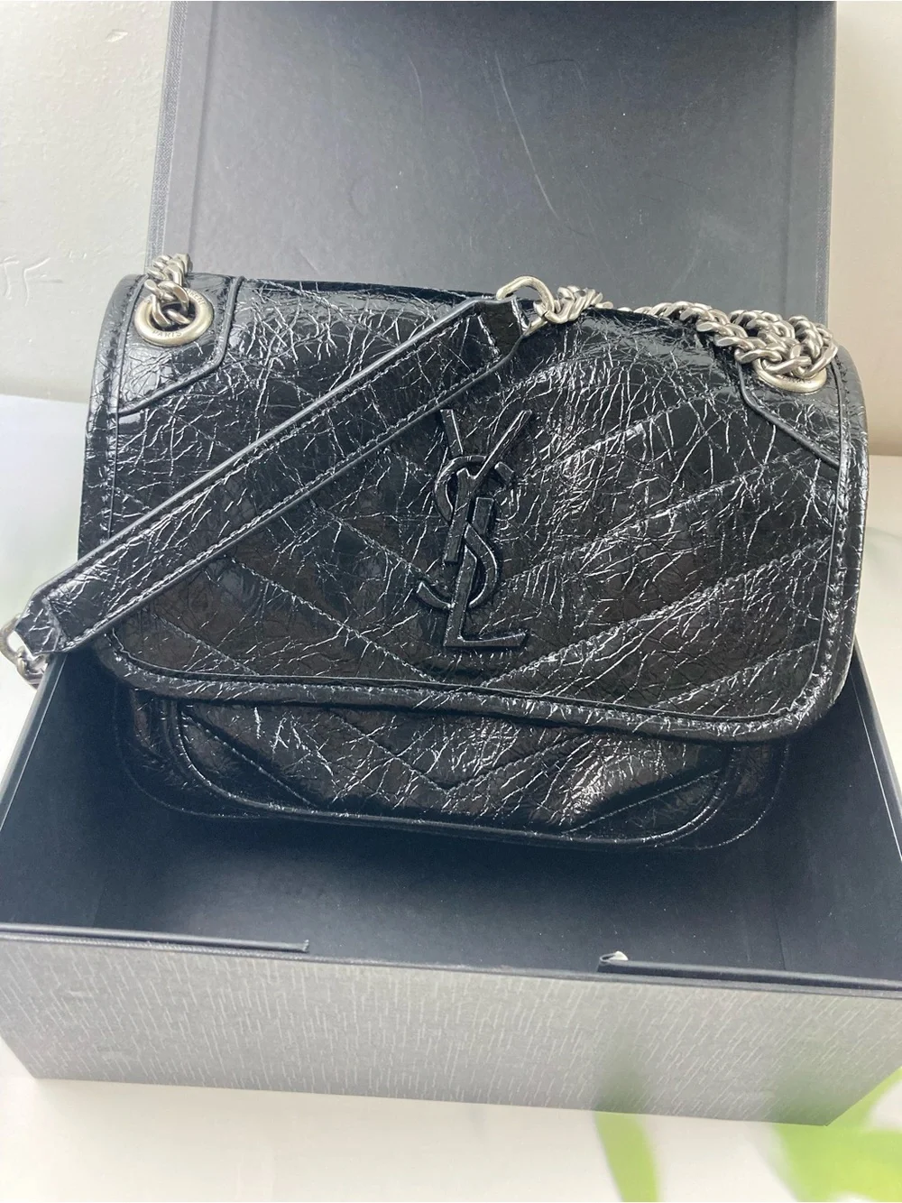 Saint Laurent Black Crinkled Leather Chain Shoulder Bag